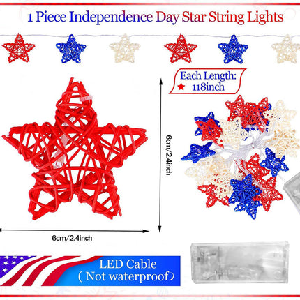 20 LED Star Decorative Lighting String, 10 Ft Red White and Blue Christmas Lights, for Indoor Party, 4th of July, Memorial Day, Decorations Rattan Stars Patriotic Lights Battery Operated A.