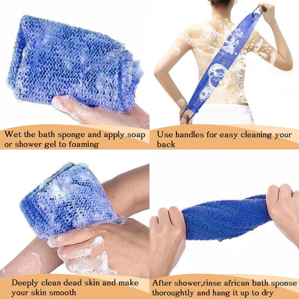 3 Pieces African Net Sponge with Handles Long African Exfoliating Net Washcloth Bath Sponge Net Cloth Wash Net Body Back Scrubber for Shower Loofah, 31.5x5.9 31.5" x 5.9" Blue*1 Brown*1 ruple*1.