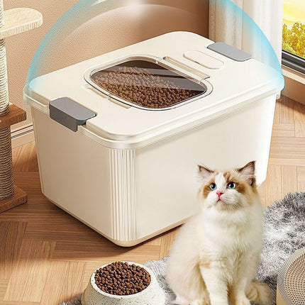 Airtight Pet Food Storage Container for Dog Cat Food Up to 10lbs Large Dry Food Bin with Measuring Cup Lids for Treats and Other Pets (10 LB), 6.31x9.44x7.08 9.96" x 13.18" x 7.95" Beige/Medium.