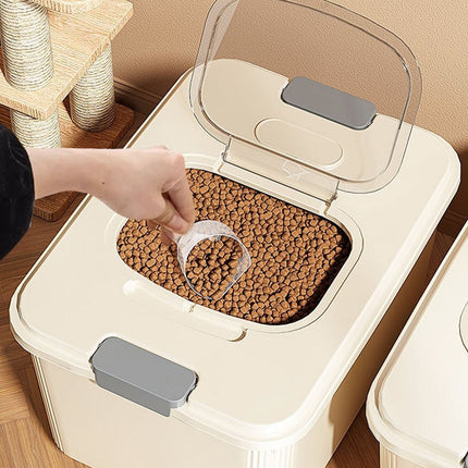 Airtight Pet Food Storage Container for Dog Cat Food Up to 10lbs Large Dry Food Bin with Measuring Cup Lids for Treats and Other Pets (10 LB), 6.31x9.44x7.08 9.96" x 13.18" x 7.95" Beige/Medium.