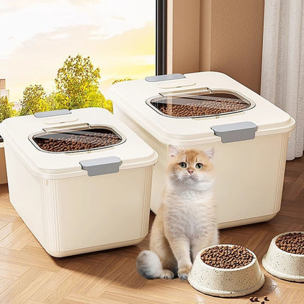 Airtight Pet Food Storage Container for Dog Cat Food Up to 10lbs Large Dry Food Bin with Measuring Cup Lids for Treats and Other Pets (10 LB), 6.31x9.44x7.08 7.99" x 10.55" x 6.49" Beige/Small.