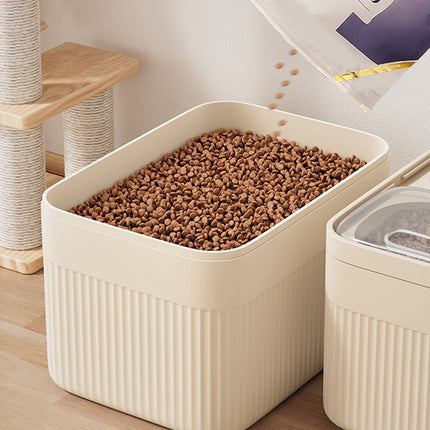 Airtight Pet Food Storage Container for Dog Cat Food Up to 10lbs Large Dry Food Bin with Measuring Cup Lids for Treats and Other Pets (10 LB), 6.31x9.44x7.08 15.16" x 8.27" x 6.77" White.