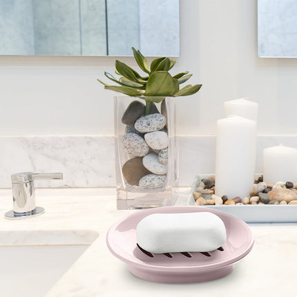 Oval Plastic Soap Dish - Double Compartment Drain Tray| Bathroom & Kitchen Soap Holder for Face & Body Soap | Oval Shaped Soap Dish for Countertop & Shower Use(Pink) Pink.