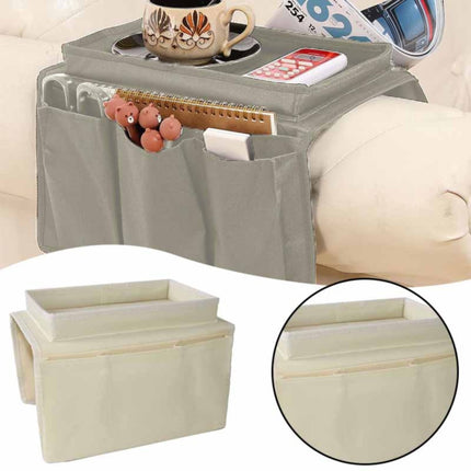 Sofa Armrest Organizer with Cup Holder - TV Remote Holder for Recliner & Couch | Armchair Caddy with Storage Pockets | Holds Cellphone, Tablet, Books, Magazines & Drinks Side Storage Bag(Black) Beige.
