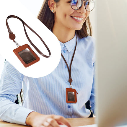 Slim PU Leather ID Badge Holder Wallet,with Zip, Neck Lanyard & Retractable Reel,ID Card Wallet, Badge Holder with Lanyard, PU Leather Badge Case, Retractable Badge Reel Holder(Red) Brown.