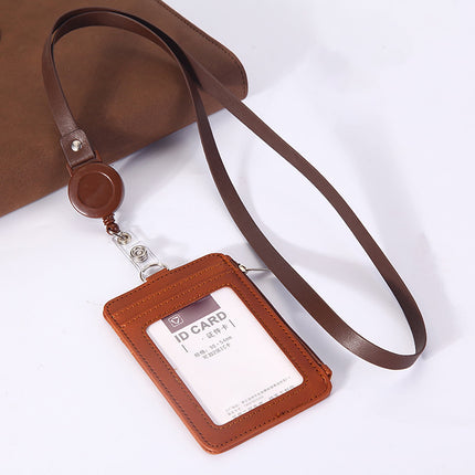Slim PU Leather ID Badge Holder Wallet,with Zip, Neck Lanyard & Retractable Reel,ID Card Wallet, Badge Holder with Lanyard, PU Leather Badge Case, Retractable Badge Reel Holder(Red) Brown.