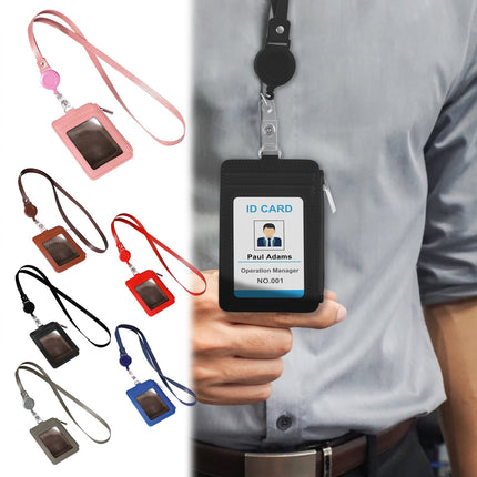 Slim PU Leather ID Badge Holder Wallet,with Zip, Neck Lanyard & Retractable Reel,ID Card Wallet, Badge Holder with Lanyard, PU Leather Badge Case, Retractable Badge Reel Holder(Red) Brown.