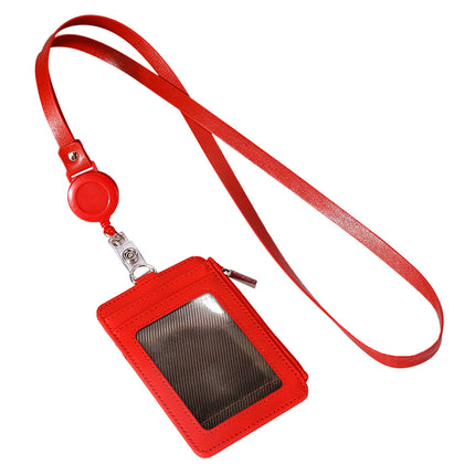 Slim PU Leather ID Badge Holder Wallet,with Zip, Neck Lanyard & Retractable Reel,ID Card Wallet, Badge Holder with Lanyard, PU Leather Badge Case, Retractable Badge Reel Holder(Red) Red.