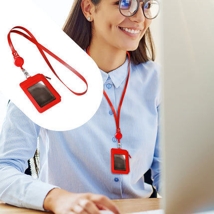 Slim PU Leather ID Badge Holder Wallet,with Zip, Neck Lanyard & Retractable Reel,ID Card Wallet, Badge Holder with Lanyard, PU Leather Badge Case, Retractable Badge Reel Holder(Red) Red.