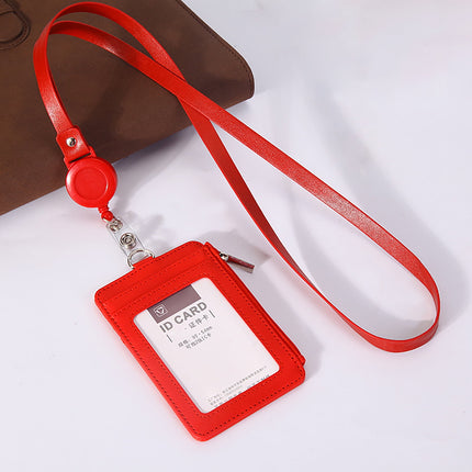 Slim PU Leather ID Badge Holder Wallet,with Zip, Neck Lanyard & Retractable Reel,ID Card Wallet, Badge Holder with Lanyard, PU Leather Badge Case, Retractable Badge Reel Holder(Red) Red.