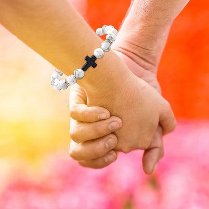 Natural Stone Black Cross Stretch Bracelet Elastic Thread Beaded Unisex Jewelry - One Size Fits Most Wrist, Spiritual Healing Crystal Bead Gift, Up to 60% OFF Black.