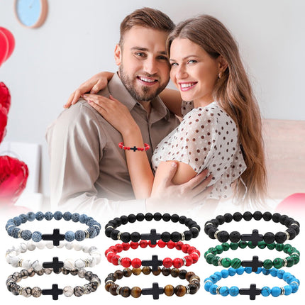 Natural Stone Black Cross Stretch Bracelet Elastic Thread Beaded Unisex Jewelry - One Size Fits Most Wrist, Spiritual Healing Crystal Bead Gift, Up to 60% OFF Black.