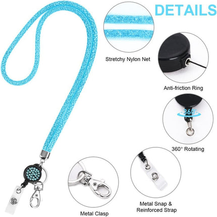 Retractable ID Badge Holder with Bling Neck Strap Lanyard, Heavy Duty Bling Badge Reel with Clear Card Holder for Office Worker Teacher Doctor (Sky Blue/1 Pcs) 3.54x2.64 3.54" x 2.64" White.