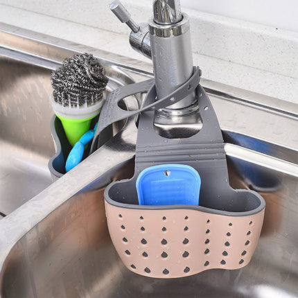 Kitchen Sink Caddy Sponge Holder, Silicone Plastic Soap Holder, Hanging Ajustable Strap Faucet Caddy with Drain Holes for Drying, 1 Pcs, 5.12x8.67 5.12" x 8.67" Green.