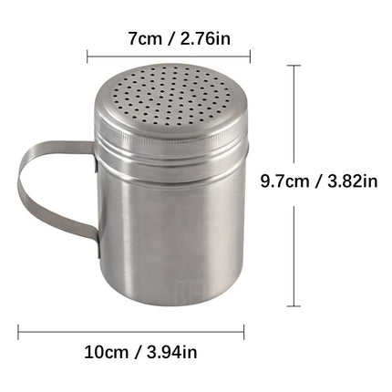 Metal Salt Pepper Dredge Shakers With Handle, Heavy Duty Stainless Steel Seasonings Spice Shakers, Ideal For Salt, Spice, Sugar, Flour, 10 Oz, 3.94x2.76x3.82 3.94" x 2.76" x 3.82" Silver.