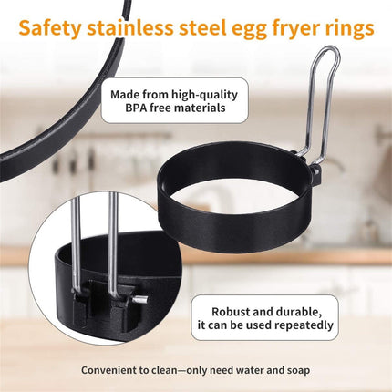 Egg Ring Pancake Ring, Heavy Duty Stainless Steel Fried Egg Molds, Non Stick Griddle Pancake Shapers with Handle for Breakfast Omelette Sandwich, 3.03Inches 3.03" Black.