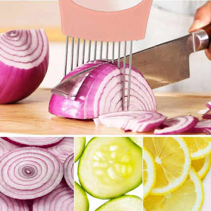 Onion Holder for Slicing Onion, Slice Holder Kitchen Chopper Assistant Tool, Vegetable Cutter with Protective Cover for Tomato, Lemon, Potato, Egg, Food Slice Assistant, Home Kitchen Tool, 2 Pcs 3.74" x 5.63" Black1/2 Pcs.