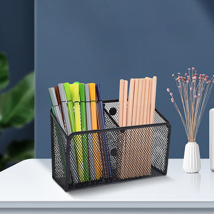 Magnetic Pen Holder, Heavy Duty 2 Slot Mesh Pencil & Marker Organizer for Desk, Extra Strong Magnets for Locker, Refrigerator, Dry Erase Board, Whiteboard Storage Solution, 7.28x2.68x4.92 3.35" x 2.17" x 3.94" Black.