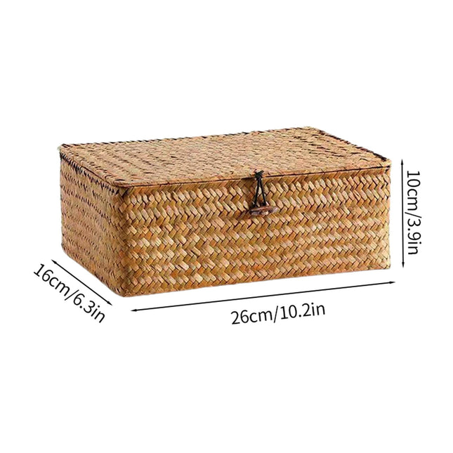 Natural Seagrass Storage Baskets for Organizing, Rectangular Storage Basket with Lid, Wicker Woven Basket for Storage, Decorative Boxes Bins with Lids Home Organizer Decor, 10.2x6.3x3.9 10.2" x 6.3" x 3.9" Khaki.