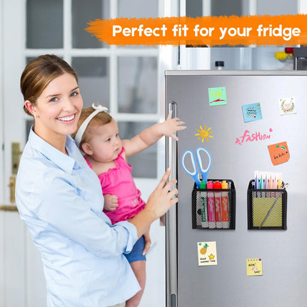 Magnetic Pencil Holder, Magnets Marker Holder, Mesh Storage Basket Organizer with Extra Strong Magnet, Mesh Pen Holder for Refrigerator, Whiteboard, Locker Accessories, Office Supplies, 3.93x3.54x4.9 3.54x3.93x4.92 Black.
