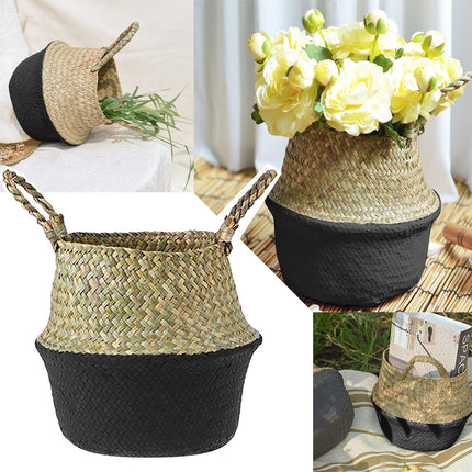 Seagrass Wicker Basket Flower Pot Folding Basket,3 Size Seagrass Handmade Decorative and Functional Storage Basket,Wicker Picnic Basket with Double Handles,Basket for Storage,10.2x12.6 9.4x10.6".