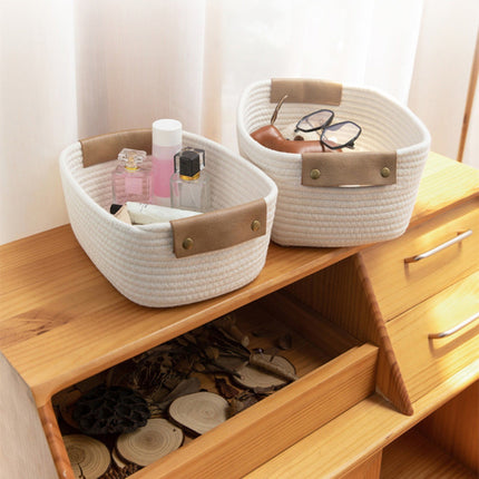 Cotton Woven Basket with PU Leather Handle, Clothes Toys Candy Gifts Cotton Rope Organizer, Living Room Basket Bathroom Shower Storage Laundry Basket, Dog Cat Bed, Fall Basket, 11.02x8.66x4.33 12.59" x 9.44" x 5.11" Coffee.