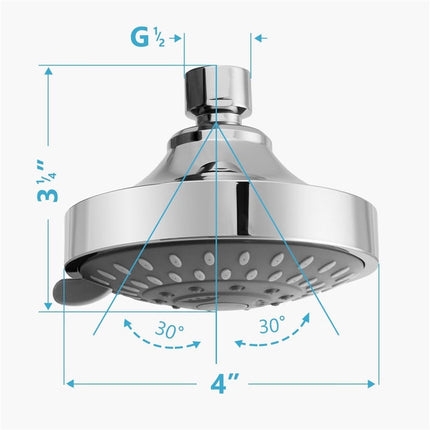 High Pressure Shower Head, Heavy Duty High Flow Pressure Rain, Fixed Showerhead 5-Setting with Bathroom Showerhead with Adjustable Brass Ball Joint, 1 Pcs, 4x3.25 4" x 3.25" Silver.