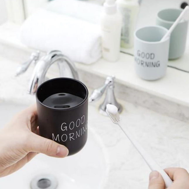1PC Unbreakable Plastic Bathroom Cup - 12oz Toothbrush Holder & Reusable Tumbler for Drinking & Mouthwash. Easy to Clean, Available in 5 Colors, Good Morning Printed(Black,2.5x2.5x3.5") Black.