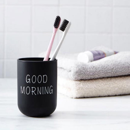 1PC Unbreakable Plastic Bathroom Cup - 12oz Toothbrush Holder & Reusable Tumbler for Drinking & Mouthwash. Easy to Clean, Available in 5 Colors, Good Morning Printed(Black,2.5x2.5x3.5") Black.