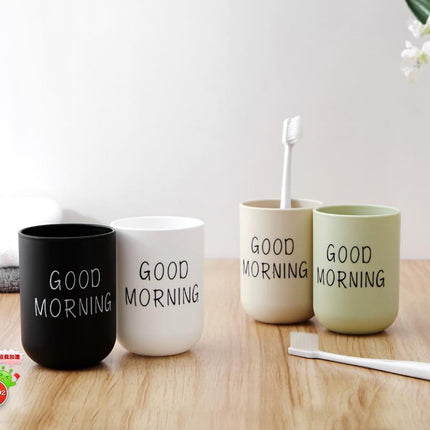 1PC Unbreakable Plastic Bathroom Cup - 12oz Toothbrush Holder & Reusable Tumbler for Drinking & Mouthwash. Easy to Clean, Available in 5 Colors, Good Morning Printed(Black,2.5x2.5x3.5") Black.