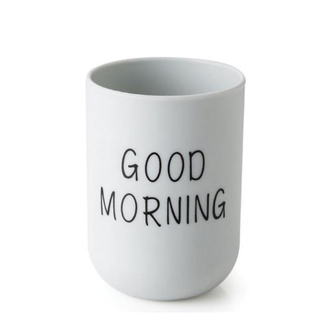 1PC Unbreakable Plastic Bathroom Cup - 12oz Toothbrush Holder & Reusable Tumbler for Drinking & Mouthwash. Easy to Clean, Available in 5 Colors, Good Morning Printed(Black,2.5x2.5x3.5") Light blue.