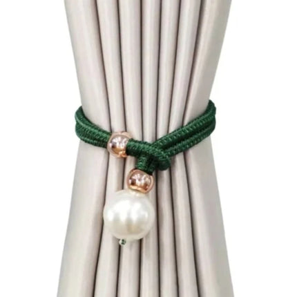 Adjustable Big Pearl Curtain Tiebacks, Hand Woven Curtain TieBack, Decorative Rope Holdbacks for Curtains, Curtain Ties for Home Bedroom Decorative Curtain, 1 Pcs, 21.56x1.57 21.56" x 1.57" Green.