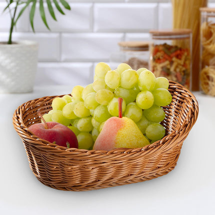 Woven Breads Baskets, Oval Small Fruit Baskets, Stackable Plastic Wicker Baskets for Serving Vegetables, Kitchen, Restaurant, Outdoor, Imitation Rattan, 1 Pcs, 7.48x5.11x2.75 7.48" x 5.11" x 2.75" Brown.