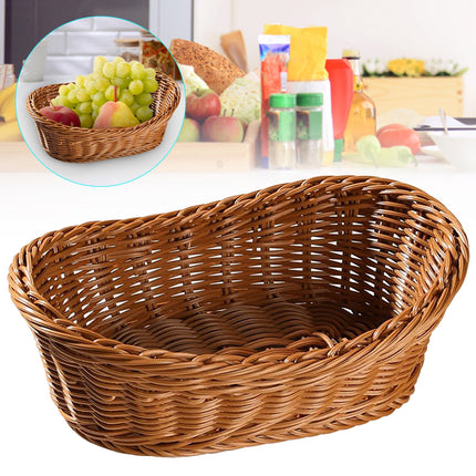 Woven Breads Baskets, Oval Small Fruit Baskets, Stackable Plastic Wicker Baskets for Serving Vegetables, Kitchen, Restaurant, Outdoor, Imitation Rattan, 1 Pcs, 7.48x5.11x2.75 7.48" x 5.11" x 2.75" Brown.