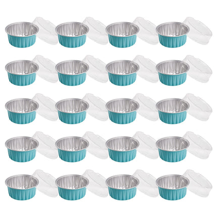 Aluminum Foil Baking Cups with Lids,20pcs Round Pudding and Cake Molds,Heat-Resistant Up to 250°C,Reusable for Oven,Microwave,and BBQ,Ideal for Parties,Catering,and Home Baking Blue.
