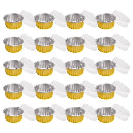 Aluminum Foil Baking Cups with Lids,20pcs Round Pudding and Cake Molds,Heat-Resistant Up to 250°C,Reusable for Oven,Microwave,and BBQ,Ideal for Parties,Catering,and Home Baking Yellow.