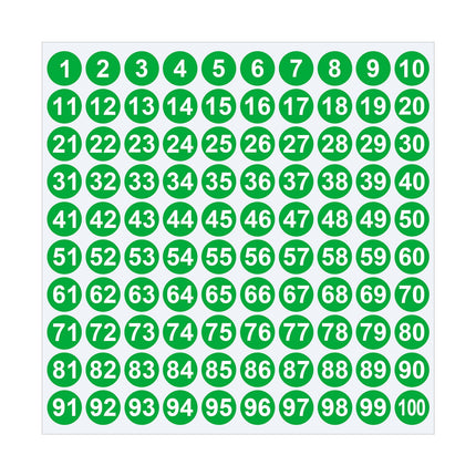 1 Inch Round Number Stickers,1-100 Multi-Color Self-Adhesive Labels for Mailbox,Scrapbook,and DIY Crafts,Easy to Peel and Stick on Various Surfaces,Durable Paper Material for Long-Lasting Use Green.