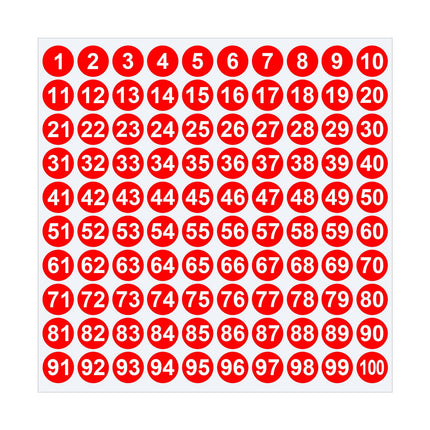 1 Inch Round Number Stickers,1-100 Multi-Color Self-Adhesive Labels for Mailbox,Scrapbook,and DIY Crafts,Easy to Peel and Stick on Various Surfaces,Durable Paper Material for Long-Lasting Use Red.