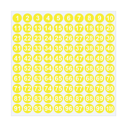 1 Inch Round Number Stickers,1-100 Multi-Color Self-Adhesive Labels for Mailbox,Scrapbook,and DIY Crafts,Easy to Peel and Stick on Various Surfaces,Durable Paper Material for Long-Lasting Use Yellow.