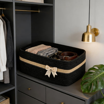 Large Woven Storage Basket, Holiday Gift Storage Basket with Handles for Living Room Shelves, Bow Basket for Empty with Gift Bags and Ribbons for Pet Toy Bin, Packaging Woven Storage Bin Black.