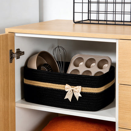 Large Woven Storage Basket, Holiday Gift Storage Basket with Handles for Living Room Shelves, Bow Basket for Empty with Gift Bags and Ribbons for Pet Toy Bin, Packaging Woven Storage Bin Black.