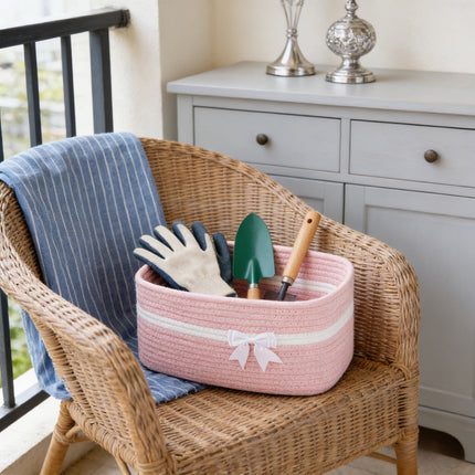 Large Woven Storage Basket, Holiday Gift Storage Basket with Handles for Living Room Shelves, Bow Basket for Empty with Gift Bags and Ribbons for Pet Toy Bin, Packaging Woven Storage Bin Pink.