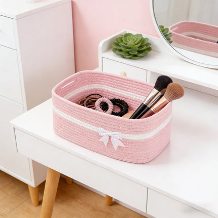 Large Woven Storage Basket, Holiday Gift Storage Basket with Handles for Living Room Shelves, Bow Basket for Empty with Gift Bags and Ribbons for Pet Toy Bin, Packaging Woven Storage Bin Pink.