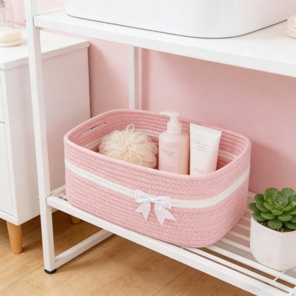 Large Woven Storage Basket, Holiday Gift Storage Basket with Handles for Living Room Shelves, Bow Basket for Empty with Gift Bags and Ribbons for Pet Toy Bin, Packaging Woven Storage Bin Pink.