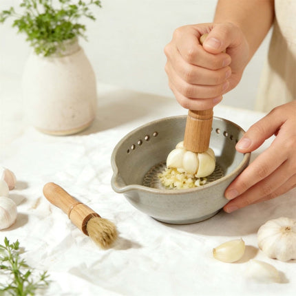 2-in-1 Stoneware Kitchen Grater Plate Tools, Handmade Garlic Grater & Herb Bowl, Efficient Stoneware Herb Stripping Tool,5 Hole Sizes,with Drainage Port, Handmade Garlic Shredder Bowl.