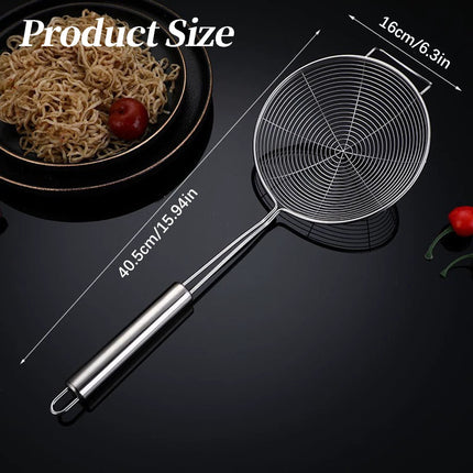 Strainer Spider Skimmers for Kitchen Cooking and Frying Food, Stainless Steel Slotted Spoon Pasta Strainers Tomato Food Strainer Skimmer Ladle For Pasta, 1 Pcs, 15.94x6.3 17.72" x 7.87" Silver.