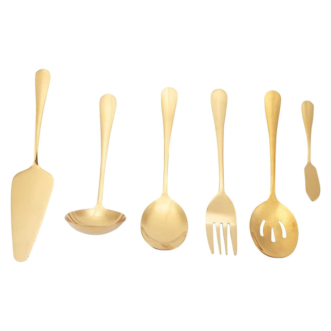 Stainless Steel Gold Serving Utensils Set of 6, Heavy Duty Metal Serving Spoons Slotted Spoons Forks Set for Catering Buffet Party Banquet Restaurant, Mirror Polish, Dishwasher Safe Multisize Gold.