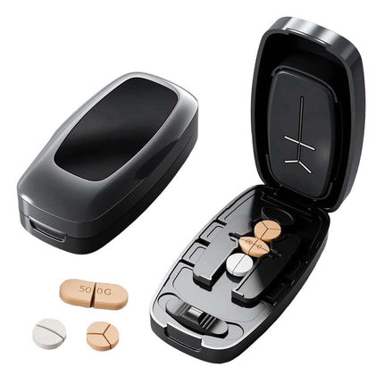 Dual Fixing Clips, Multi-Pill Cutting, Adjustable Slot Pill Cutter - Fits Small/Large Pills, Vitamins, Oval/Long Tablets | 1/2, 1/3, 1/4 Even Splitting, Precision Split, Hidden Sharp Blade B.