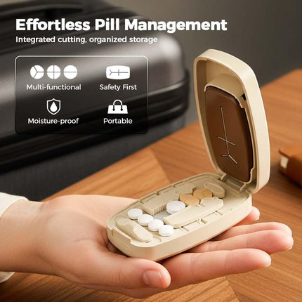 Dual Fixing Clips, Multi-Pill Cutting, Adjustable Slot Pill Cutter - Fits Small/Large Pills, Vitamins, Oval/Long Tablets | 1/2, 1/3, 1/4 Even Splitting, Precision Split, Hidden Sharp Blade B.