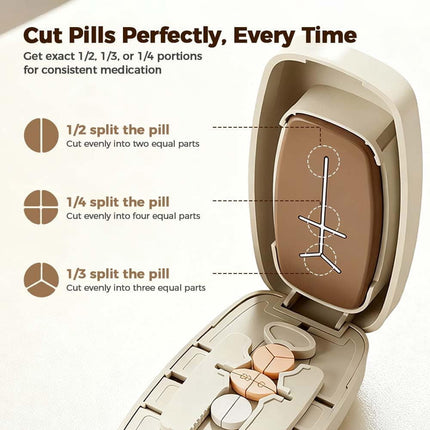 Dual Fixing Clips, Multi-Pill Cutting, Adjustable Slot Pill Cutter - Fits Small/Large Pills, Vitamins, Oval/Long Tablets | 1/2, 1/3, 1/4 Even Splitting, Precision Split, Hidden Sharp Blade B.